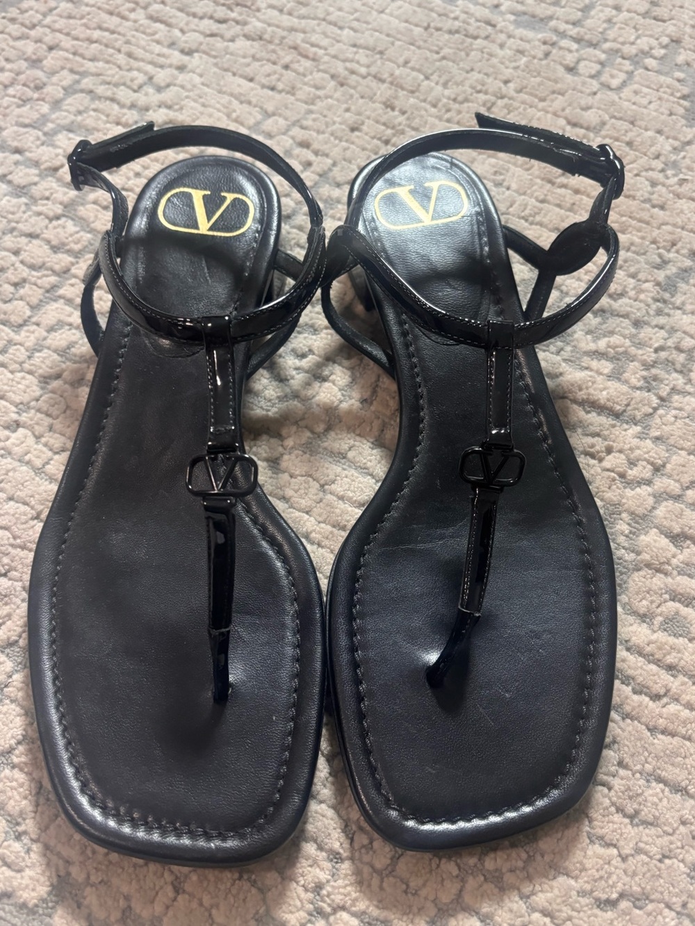 Valentino Black Patent Leather T-Strap Sandals size 37.5